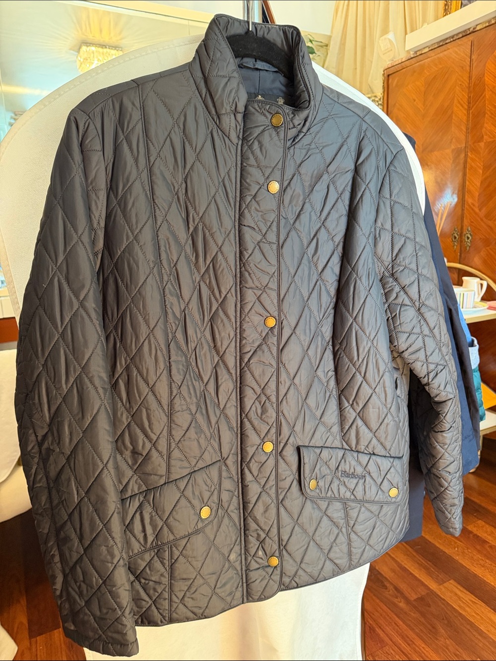 Barbour Quilted Jacket in Black with Gold Snap Buttons